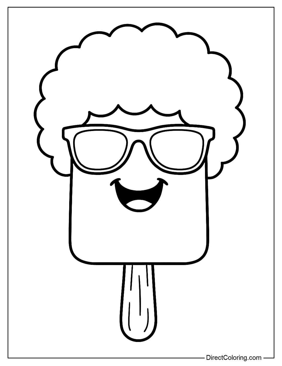 A popsicle coloring page with sunglasses, curly hair, and a bright smile.